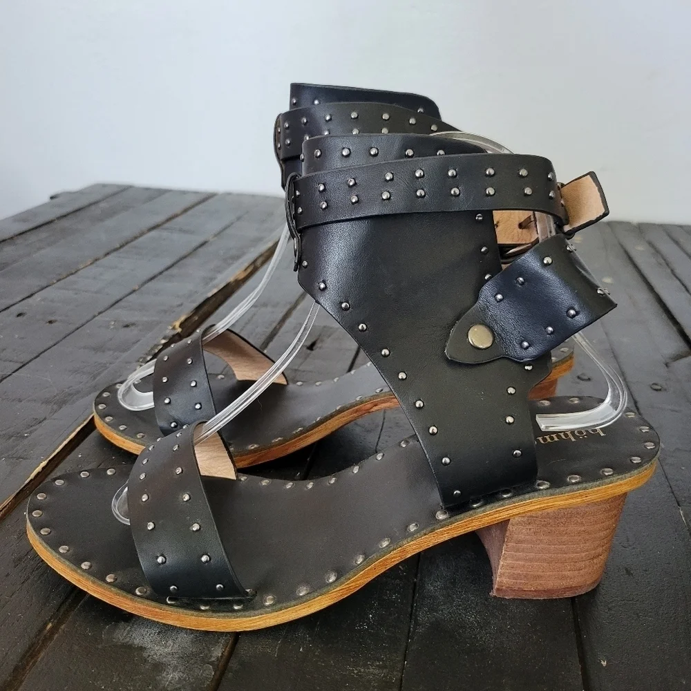 Bohme Women's 9 Black Boho Ankle Heeled Sandals Gladiator Studded Open Toe Shoes